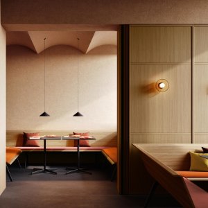Coated fabric on a Zinta Eating bench by Arper