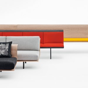 Metal frame carrying an Arper Zinta bench