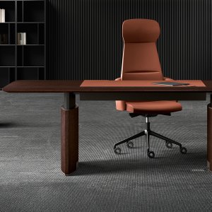 Curved oak leg of the Eleva desk concealing the telescopic lifting column
