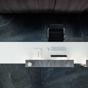 Steel shelf supports with 4000 K LEDs inside the Lux counter
