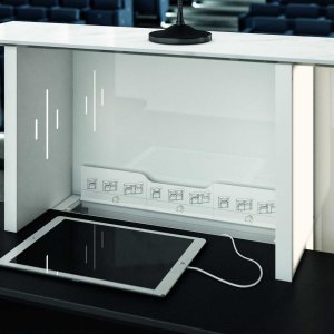 Overview of a Lux reception with three illuminated shelves
