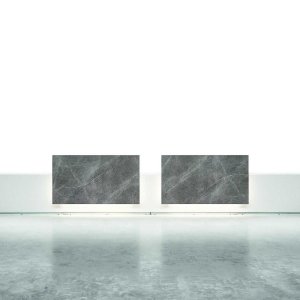 Glass-ceramic shelf with 45 degree bevel on the Lux reception desk