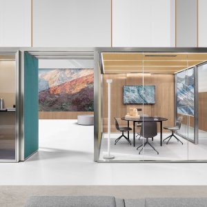 CSS_Village acoustic pod with fabric panels and clear glass panes