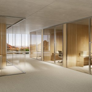 Slender office partition wall by Citterio with aluminium profiles