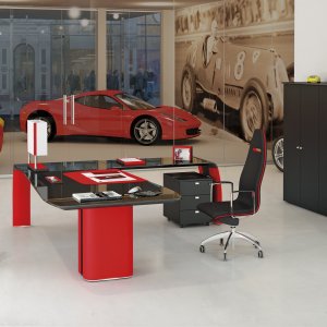 Omega desk by Codutti in ebony dyed oak with saddle-stitched leather legs, AlfaOmega collection
