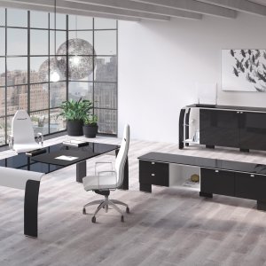 Modern executive desk AlfaOmega by Codutti, Alfa line in white lacquered glass and carbon leather