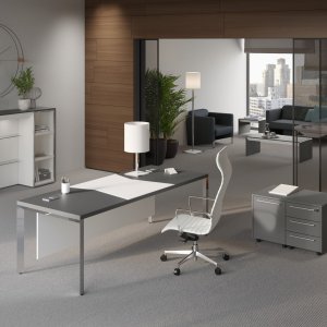Attiva desk with white lacquered glass top on leather-covered conical legs