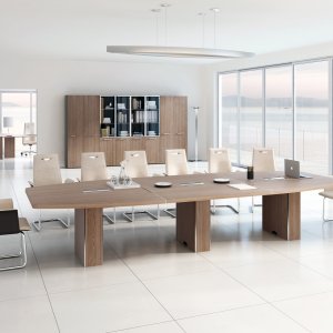 Elliptical Attiva meeting table for 14 with column sides and flush chrome joints