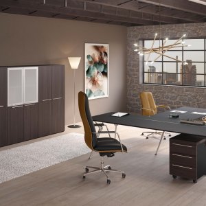 Designer desk Genesis by Codutti with saddle-stitched thick leather top in moka