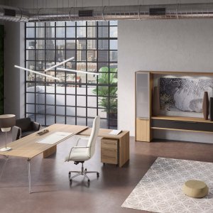 Designer desk Genesis with 12 mm tempered glass top and polished edge