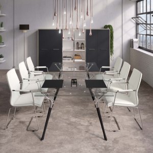 Genesis bookcase with satin glass drop-down doors in polished aluminium frames