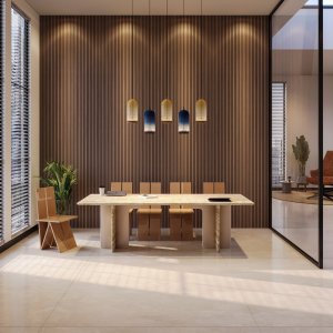 Ginza meeting table in the solid wood version, wooden chairs and slatted wall