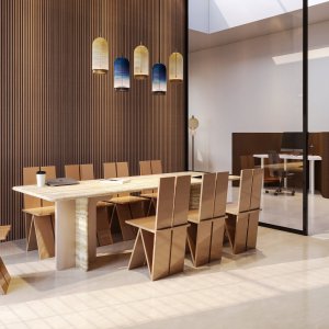 Conference table Ginza by Codutti with a Roman travertine top on two structural panels