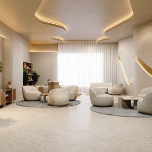 Ginza round table with three armchairs in an informal meeting corner