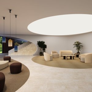 Round table Ginza 120 cm on two crossed panels, travertine and lacquer