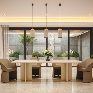 Rounded corner of the travertine top of the Ginza conference table, design Barbieri Magalini