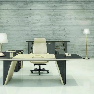 Conical double-shell side of the iSixty desk, ash outside and leather inside
