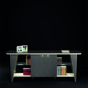 iSixty bar cabinet with glass top and leather doors by Codutti