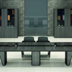 Oval iSixty meeting table with wooden half-columns and chrome band