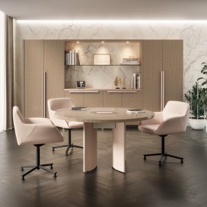Round meeting table Mithos with leather-covered curved sides