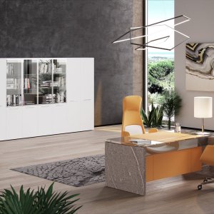 White flame-shaped veining on the stone side of a One executive desk
