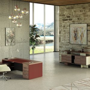 Classic executive desk One by Codutti with Piasentina stone sides and extra-clear glass top