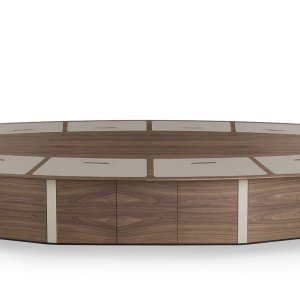Storage base with veneered doors running around the table