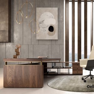 Padded eco-leather strips on the modesty panel of a Narciso desk