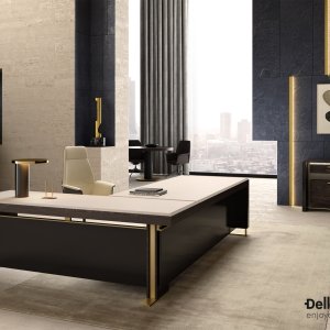 Brass-painted steel ring between leg and top on the Bellagio desk by Della Rovere