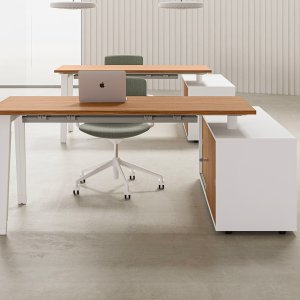 E-Place operative desk by DVO Office on white trestle legs