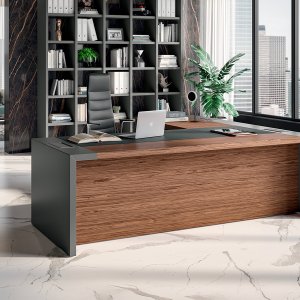 Leather inlay with stitched perimeter on the e-10 desk top