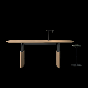 Eleva desktop seen from above with leather inlay and connected devices