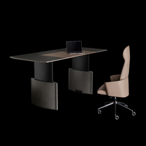 Eleva desk with oak modesty panel seen from the visitor side