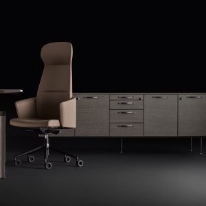 Eleva desk with service unit docked to a matching oak credenza