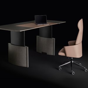 Eleva executive desk by Bralco with oak top and stitched leather inlay