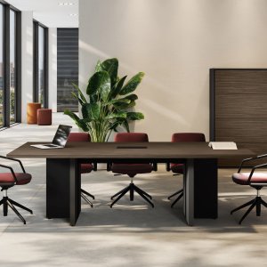 Elite modern executive desk by Las Mobili in Light Poplar with integrated wiring beam and black pedestal