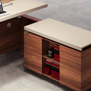 Veneered top of the Altagamma desk, top access opening and cornice legs