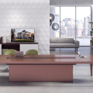 Service unit with its top access open beneath the desk top, Grand More collection
