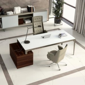 Rectangular meeting table Grand More with a central cable column and top accesses in a row