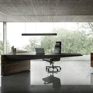 Suspended top of the Euclideo meeting table balanced on its central base