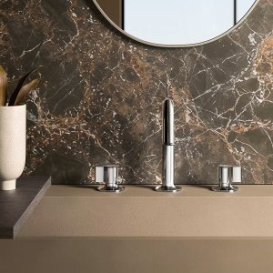 Designer taps: Flora by Fantini, four-wing handles, Matt Gun Metal finish
