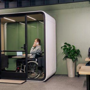 Framery Four in profile with door open at 180 degrees