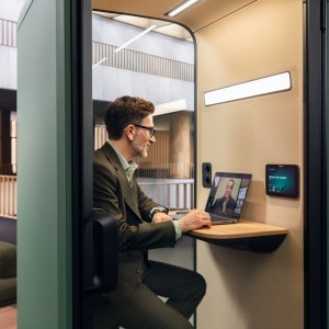 Laminated acoustic glass door of the Framery One Compact booth