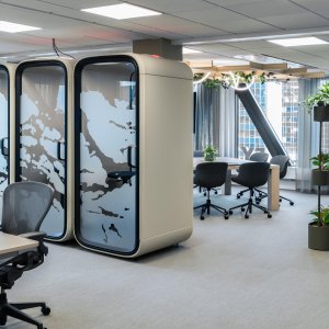 Powder coated steel panels of the Framery One Compact pod