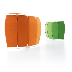Two Funny Sat reception desks paired in orange and green