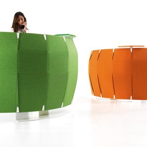 Funny Sat reception desk by IVM with orange sound-absorbing panel