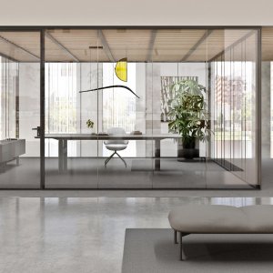 Executive office furnished with Hito desk, credenza and upholstered bench