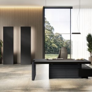 Jera Las Mobili full executive office — desk, totem cabinet, suspended storage, Grey Beige finish