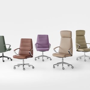 Klivia by Kastel, high-back executive office chair in taupe faux leather at a large desk