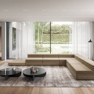 Low lacquered table set between the modules of an Acamante composition